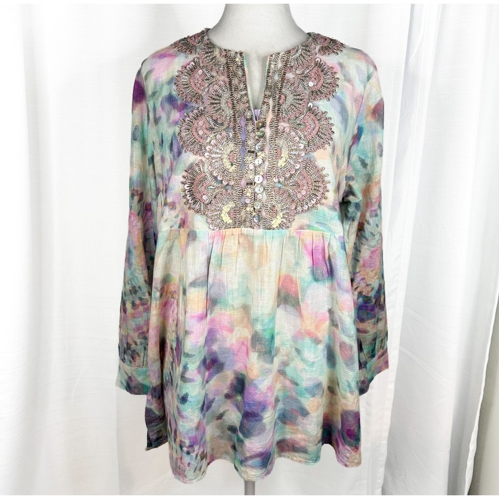 Soft Surroundings PM Blouse Watercolor Beaded Sequin Embellished Boho Tunic Top